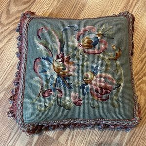Floral Needlepoint square Fringe‎ Pillow backed with Brown Velvet